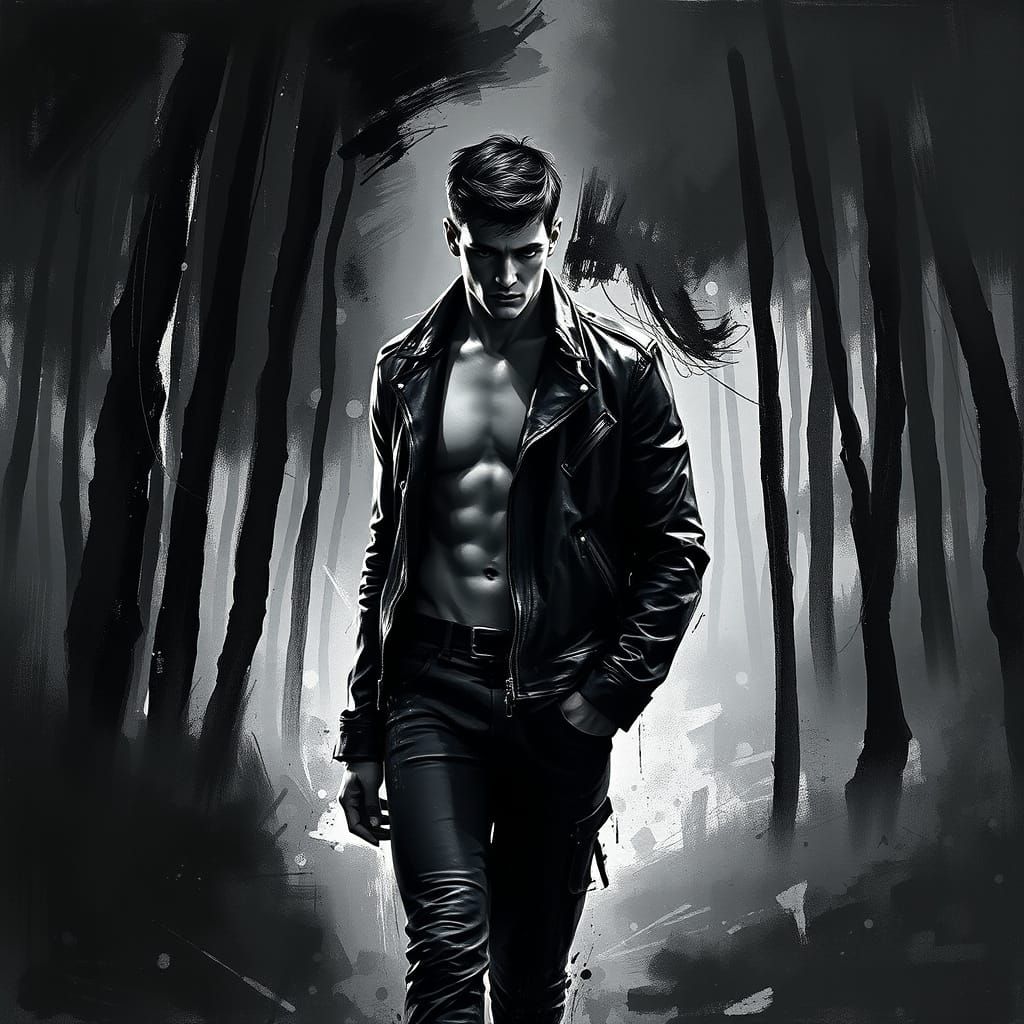 Muscular Man in Dark Forest: Abstract Expressionism