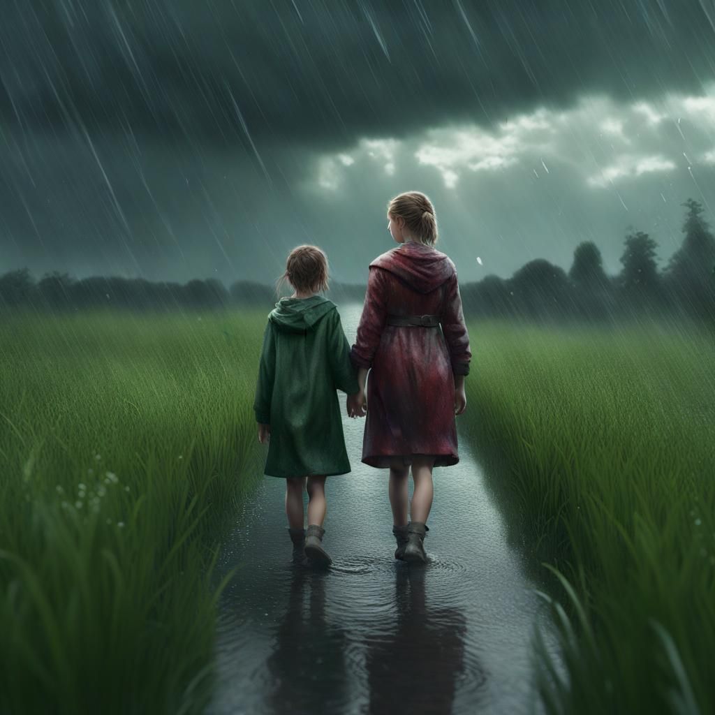 Rain-Drenched Mother and Daughter: Matte Painting