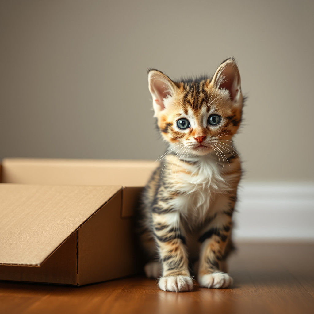 Hyperrealistic Kitten and Cardboard Box