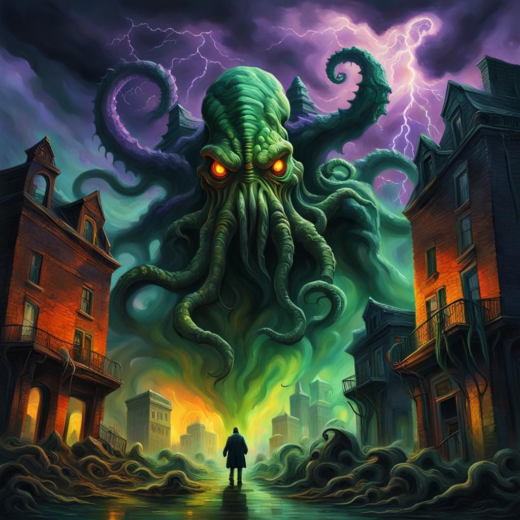 Cthulhu's Surreal Assault in Oil Painting