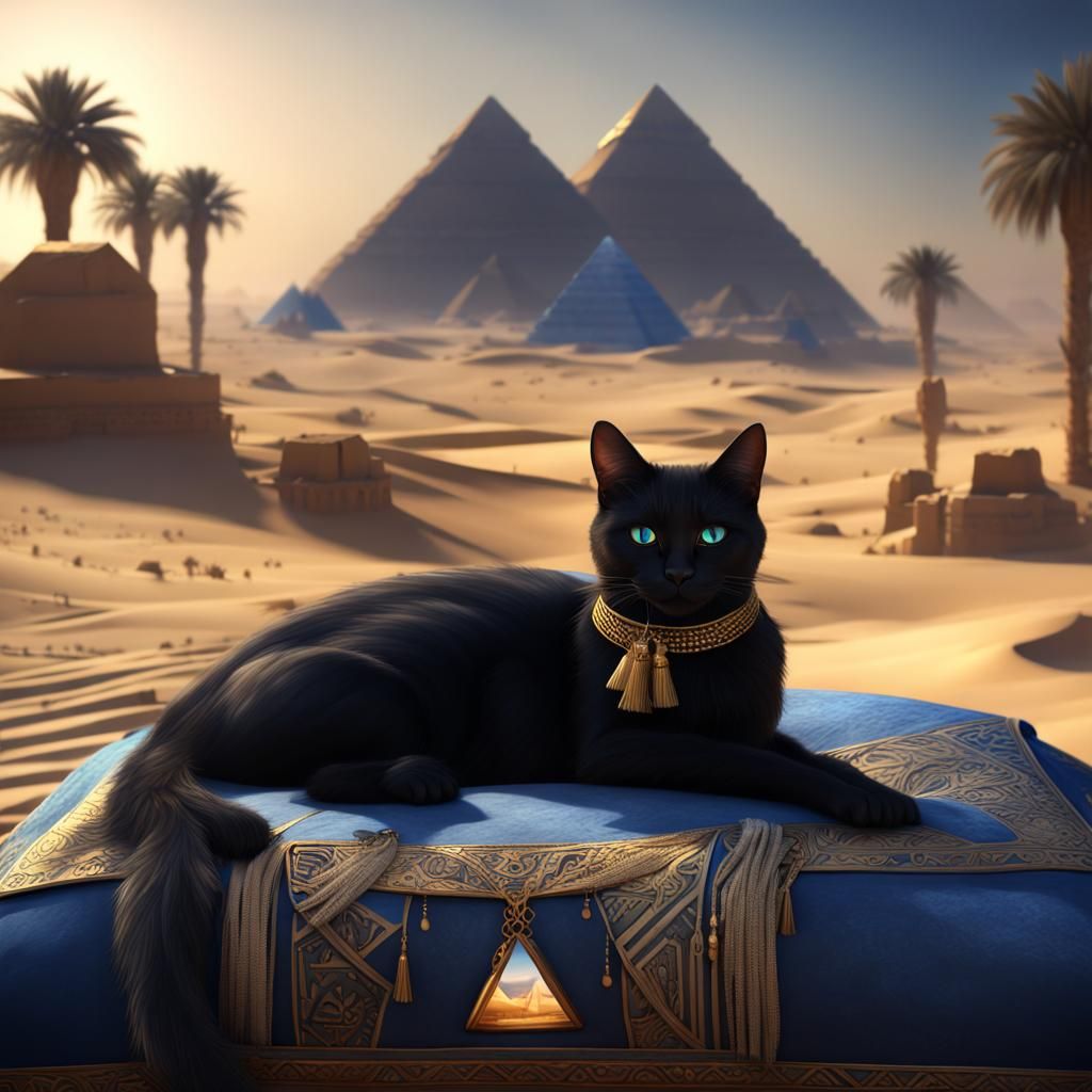 Black Cat with Egyptian Necklace in Desert Landscape