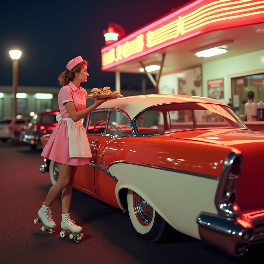 1950s Diner Scene with Carhop in Photorealistic Style