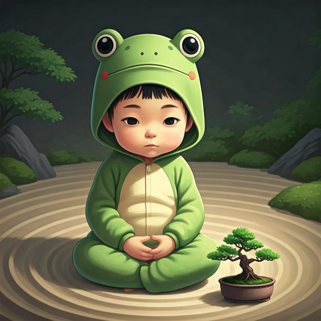 Toddler Meditates in Zen Garden, Ghibli-Inspired Digital Art