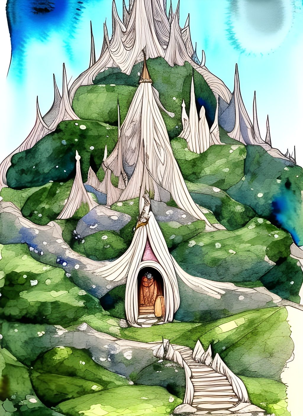 Watercolor Illustration of Rivendell in Tolkien Style