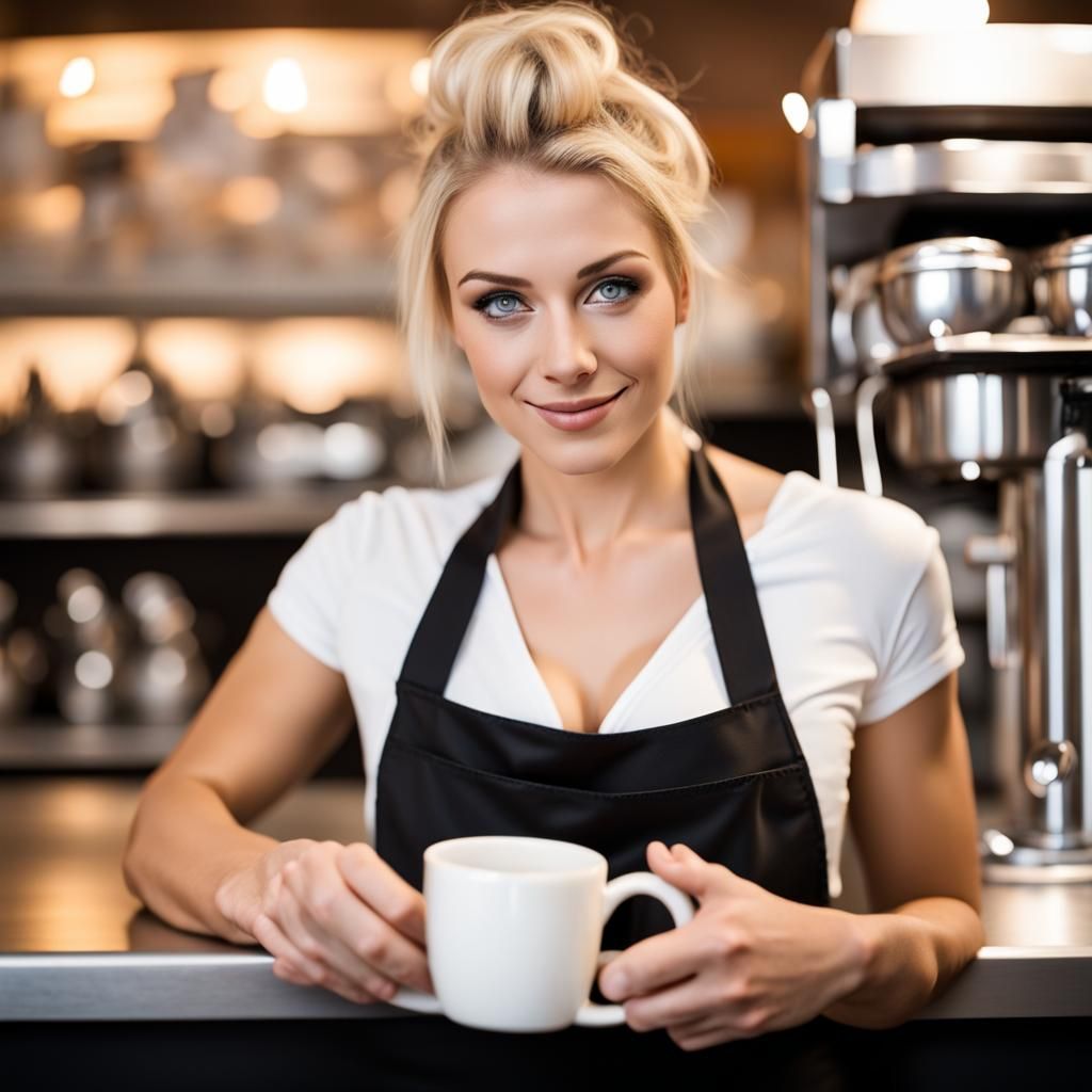 Barista Close-up: Blonde Hair and Latex Apron