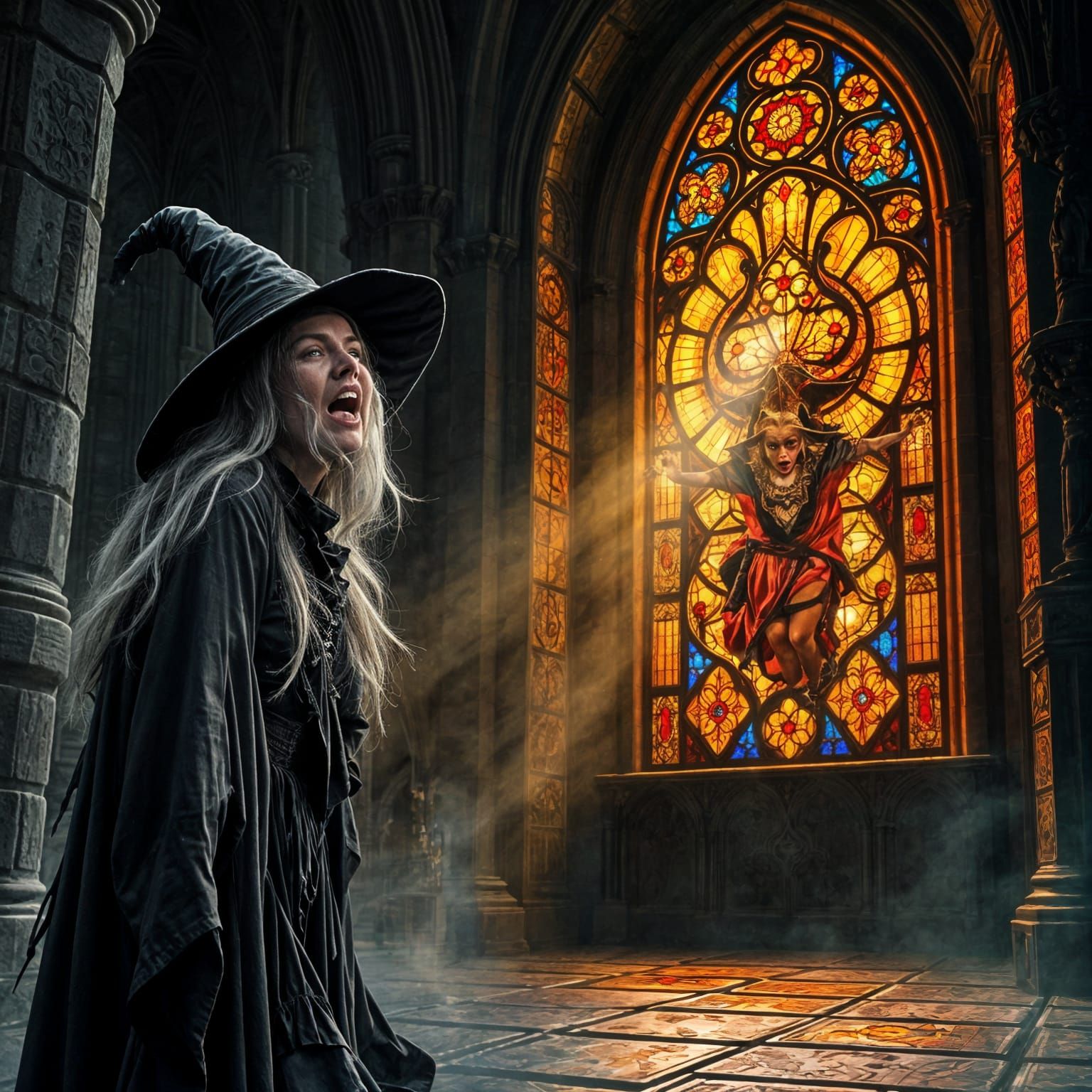 Mad Witch Summoned by Devil's Glow in Eerie Gothic Cathedral