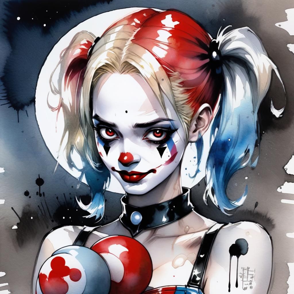 Fantasy Harley Quinn Under the Moon as Watercolor Manga Art