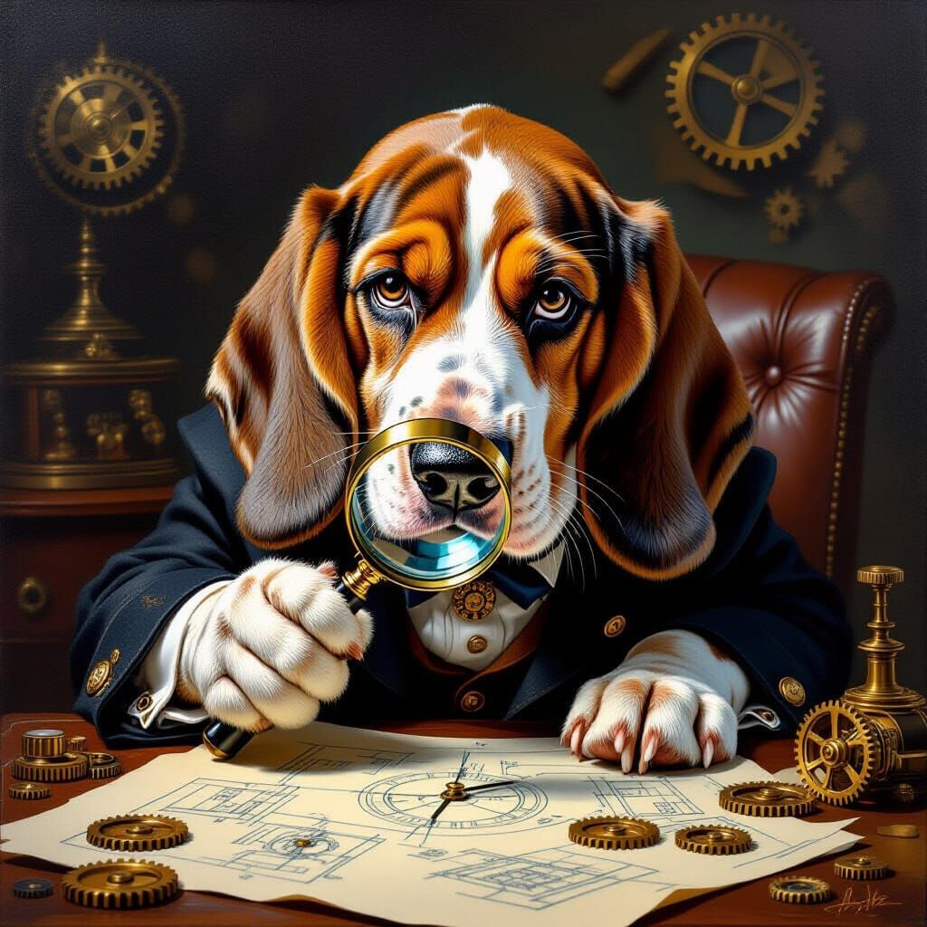 Victorian Basset Hound Detective Examines Clockwork Mechanis...