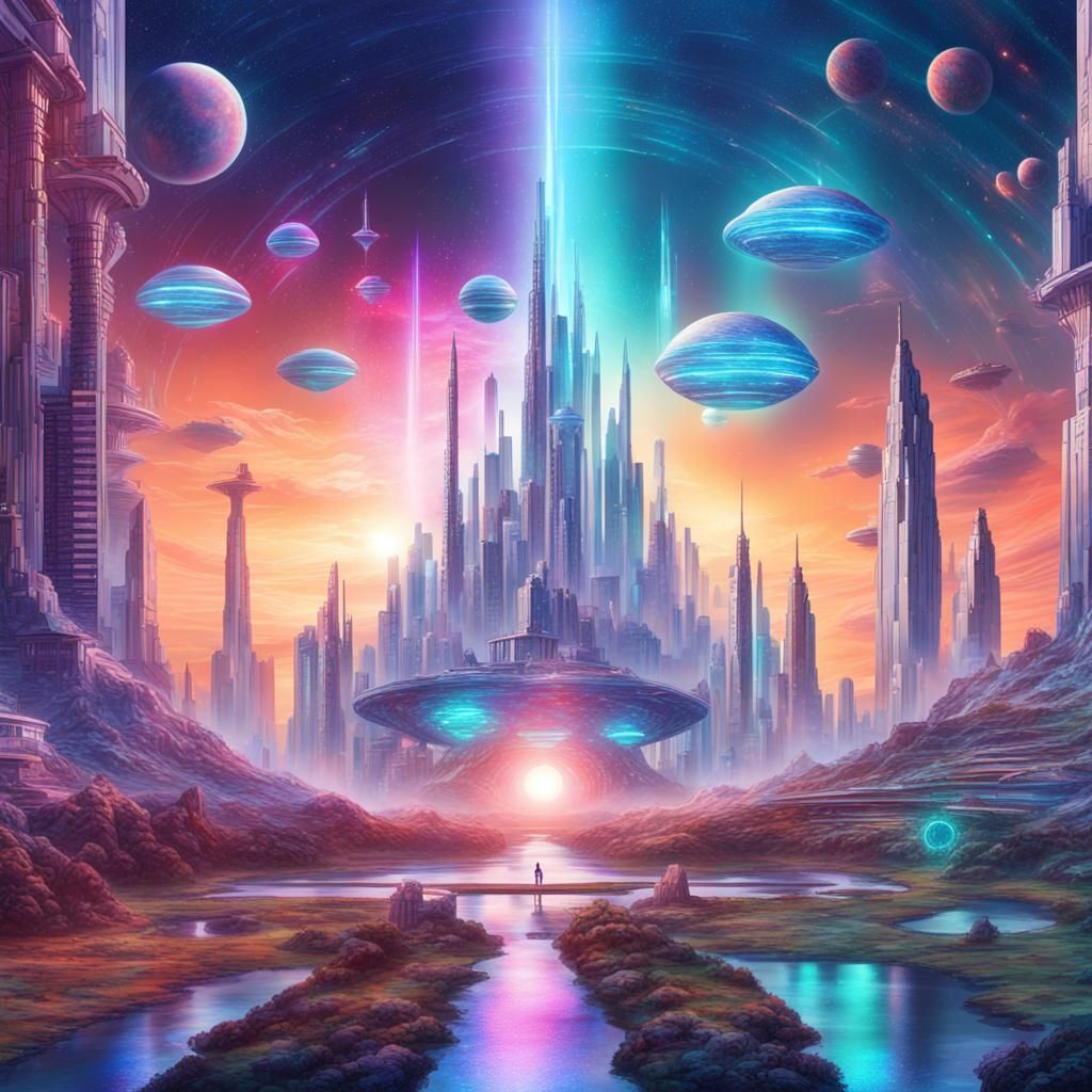 Utopian Sci-Fi Cityscape in Holographic Astral Style