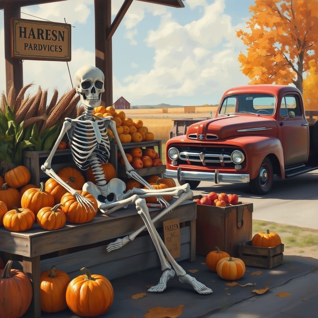 Skeleton at Harvest Produce Stand in Norman Rockwell Style