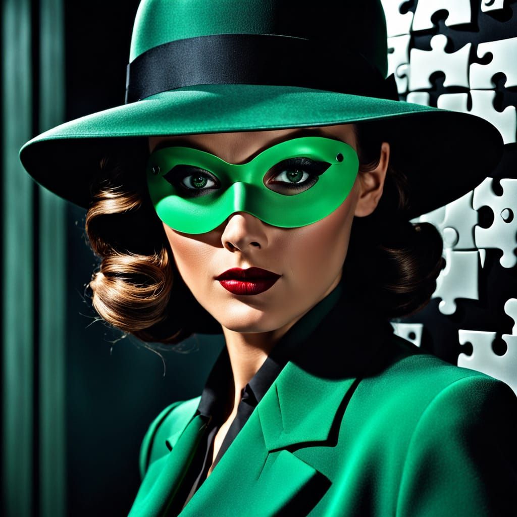 Film Noir Woman in Green Suit and Domino Mask