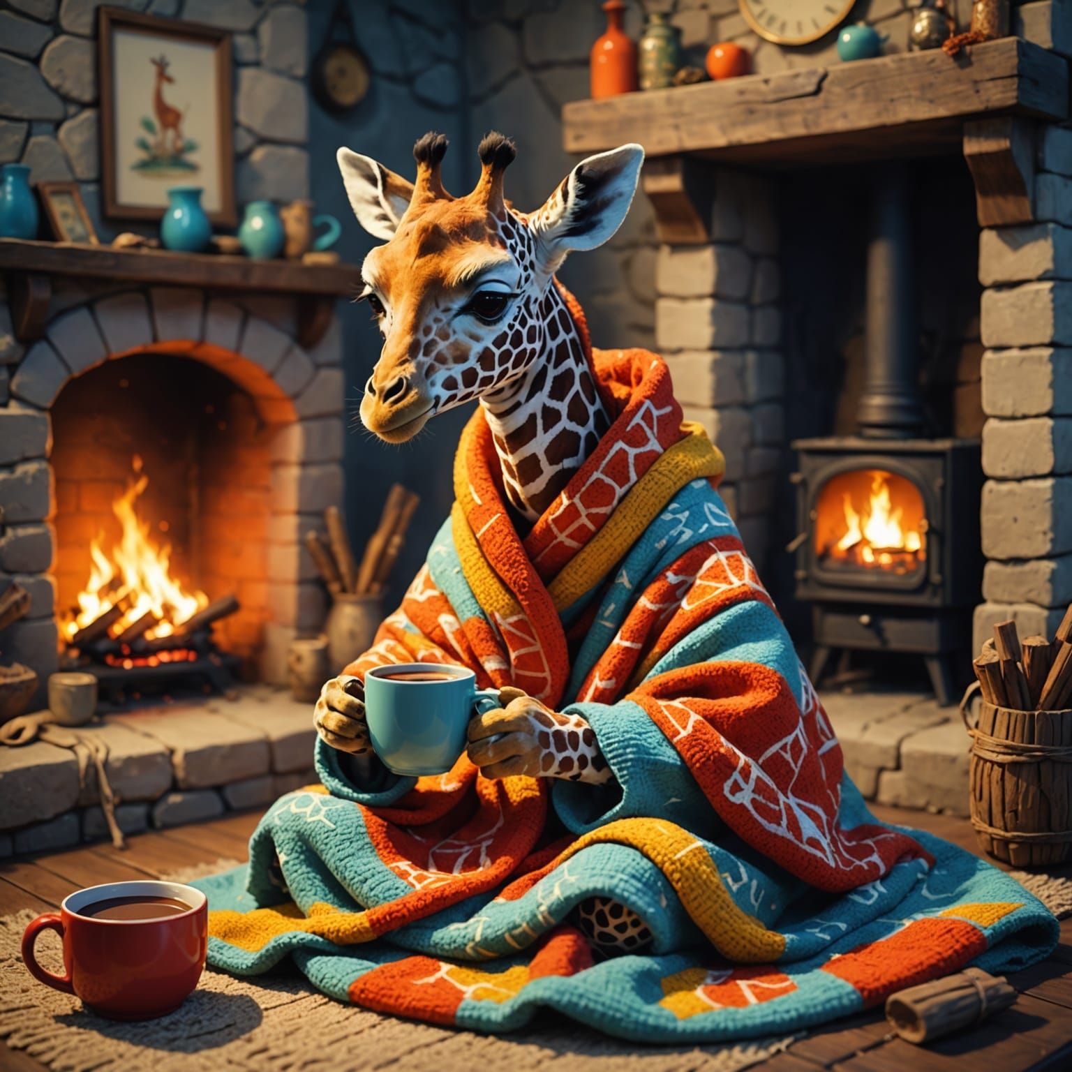 Giraffe Cocoa Moment in Miyazaki-Inspired Style