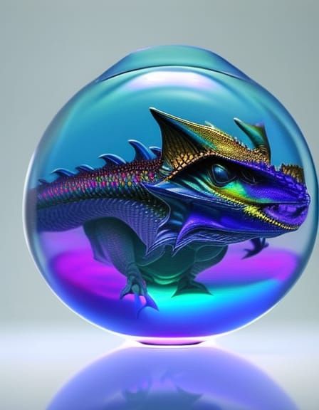 realistic cute iridescent purple blue dragon inside a glass bell