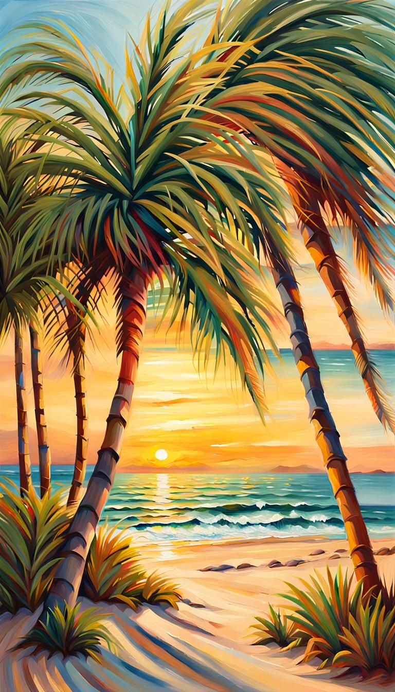 Tropical Beach with Palms in Impressionist Oil Painting