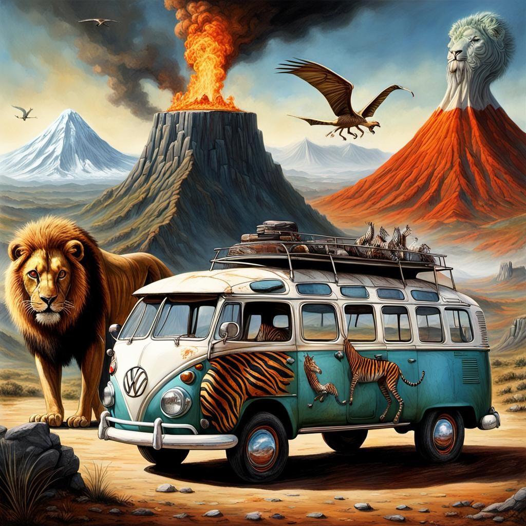 VW Bus with Primeval Landscape, Photorealistic Digital Art