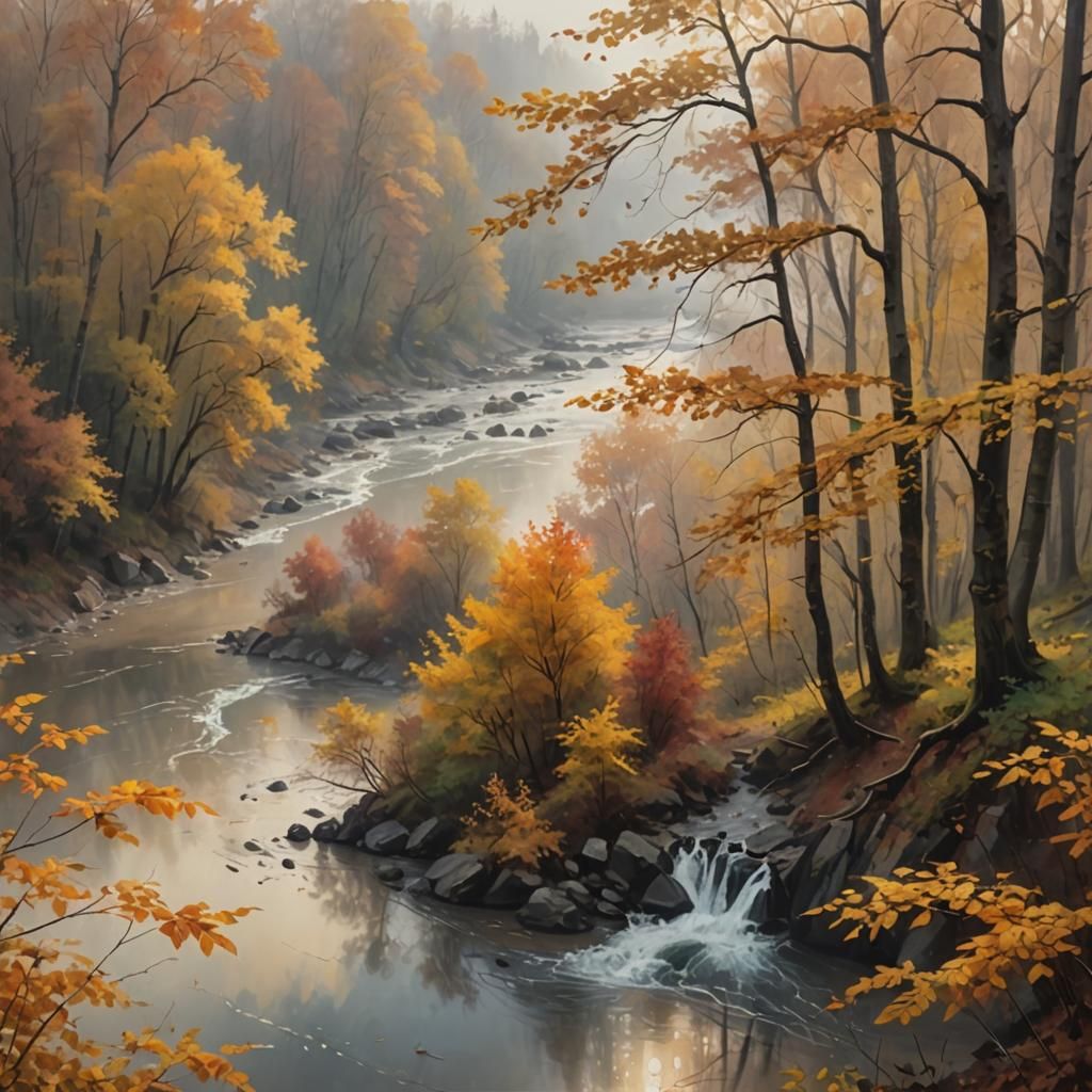 Rainy Autumn Forest: A Photorealistic Oil Painting