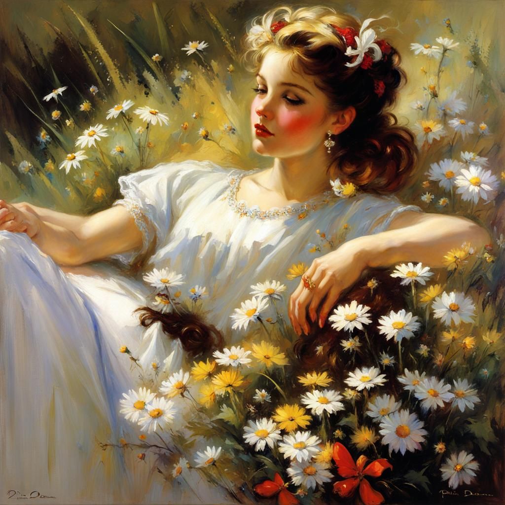 Dreamcore Damsel with Dove and Daisies, Painting Style