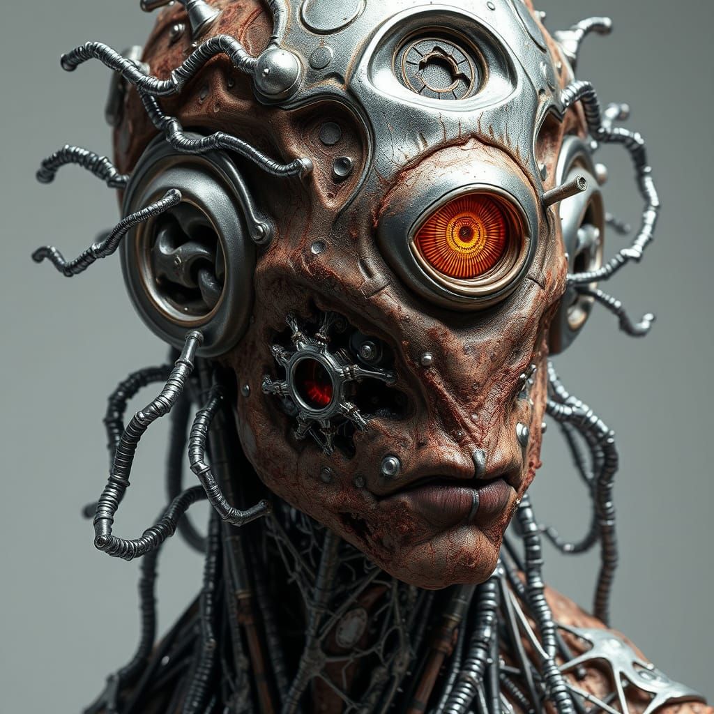 Cyborg with Metallic Virus Infection in Red and Gold