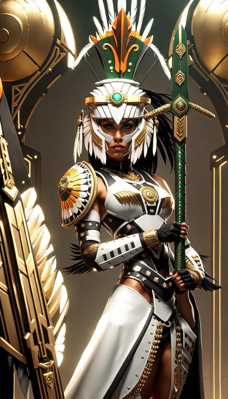 Aztec Warrior Woman with Flaming Sword in Cyberpunk Style