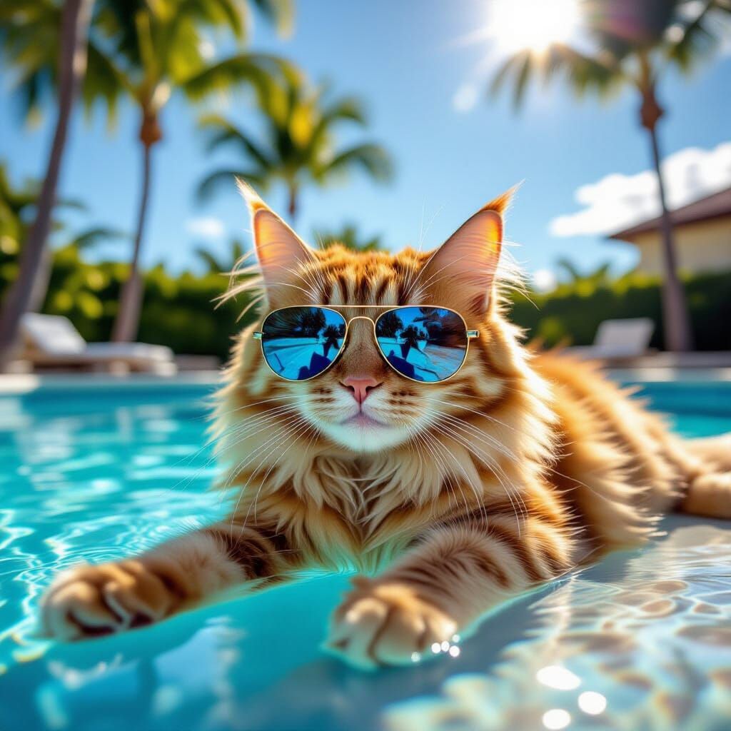 Fluffy Cat in Sunglasses by Pool