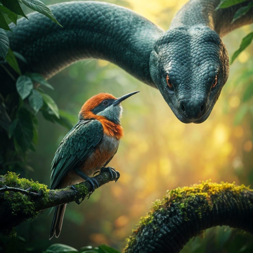 Emerald Python Confronts Multicoloured Bird in Dreamlike Rai...