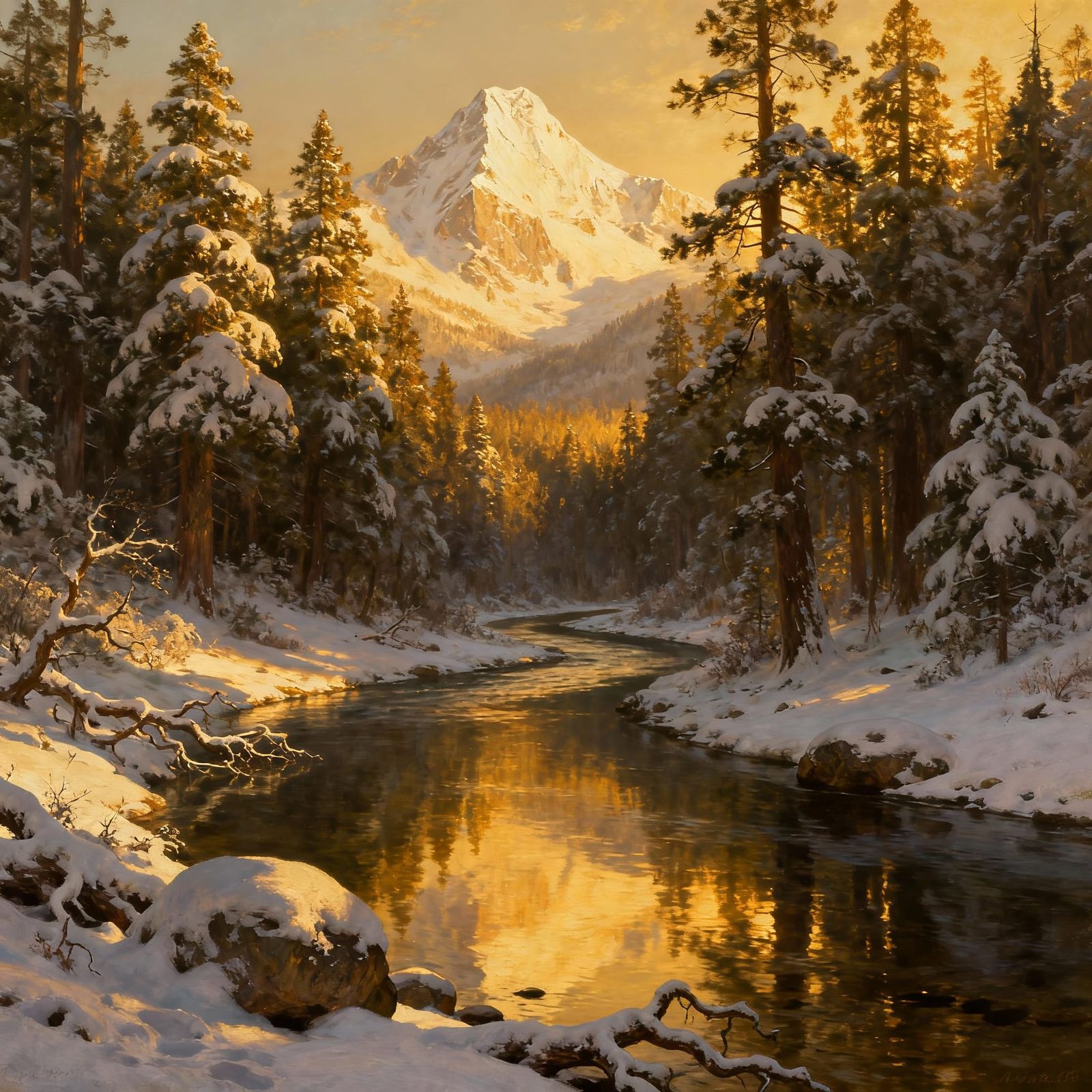 Serene Winter Landscape with Golden Hour Light