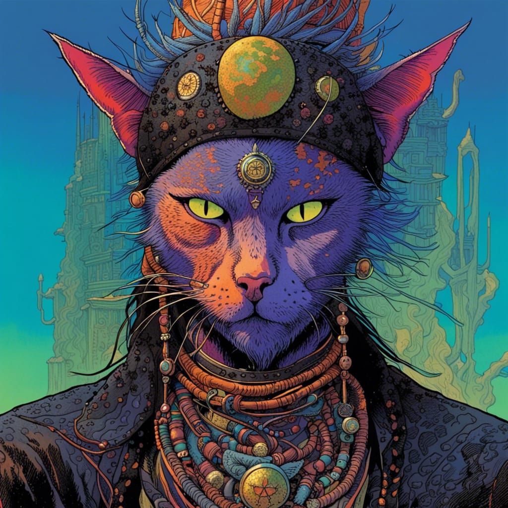 Punk-Rock Shaman Cat Portrait in Comic Art Style