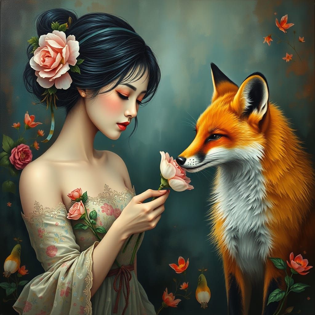 Asian Woman with Fox in Abstract Painting