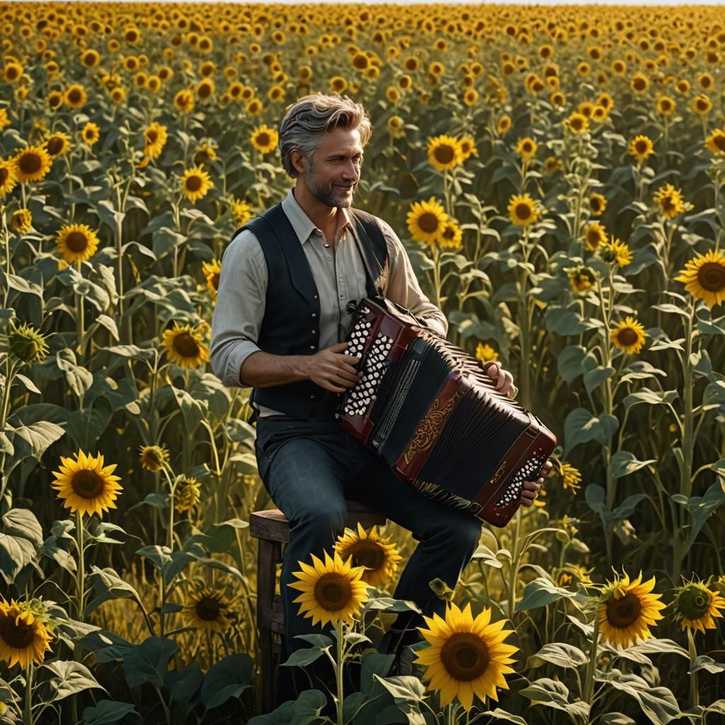 Man Plays Accordion in Sunflower Field: Detailed Matte Paint...