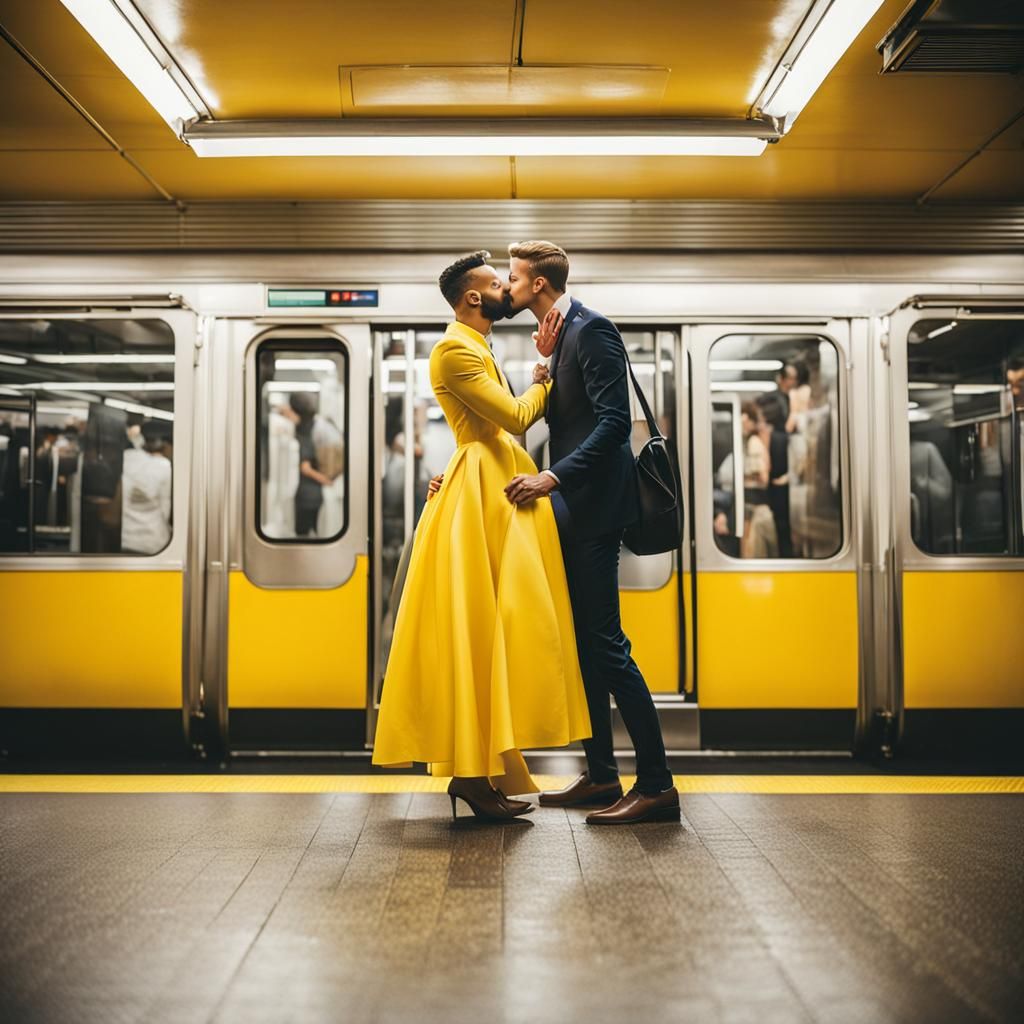 Gay Couple Kissing in Yellow Dresses on Subway
