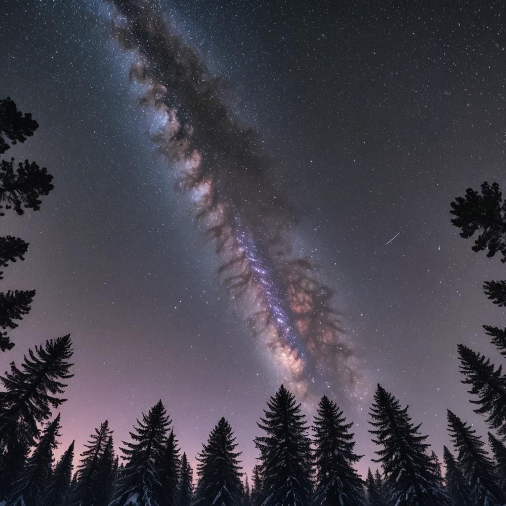 Winter Forest Under Starry Milky Way Sky