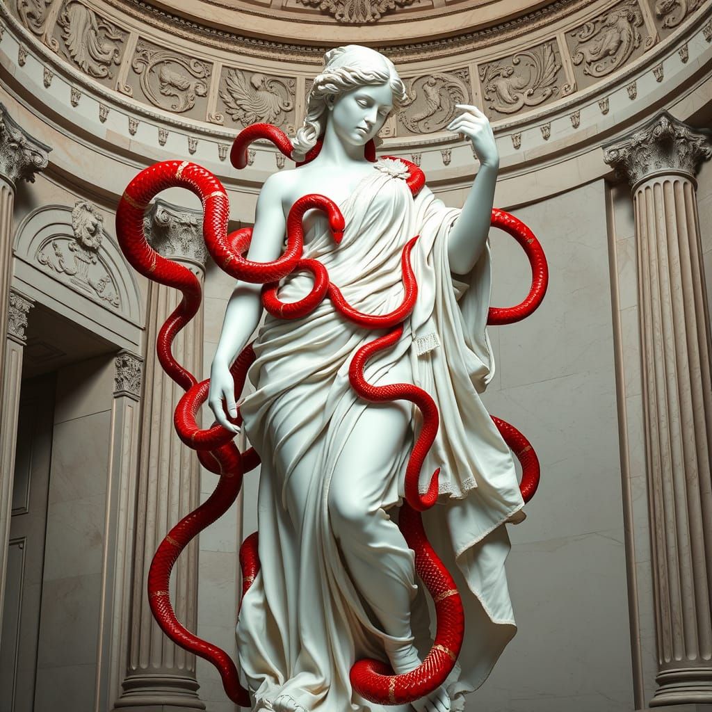 Greek Goddess Statue with Red Snakes in Baroque Style