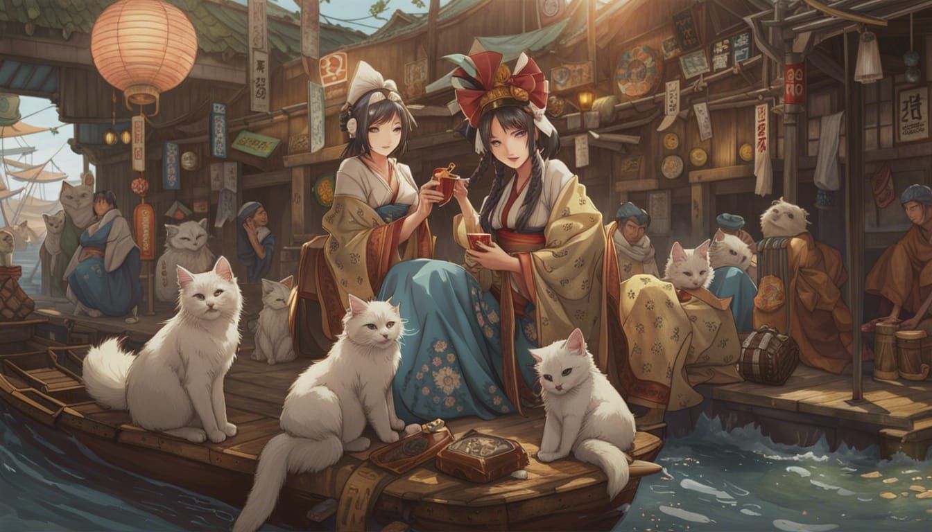 Cats from Japan's famous Aoshima Island (Cat Island) with 4 geisha girls