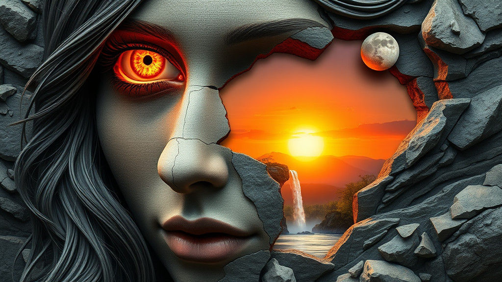 Surreal Geological Face with Sun and Moon Eyes