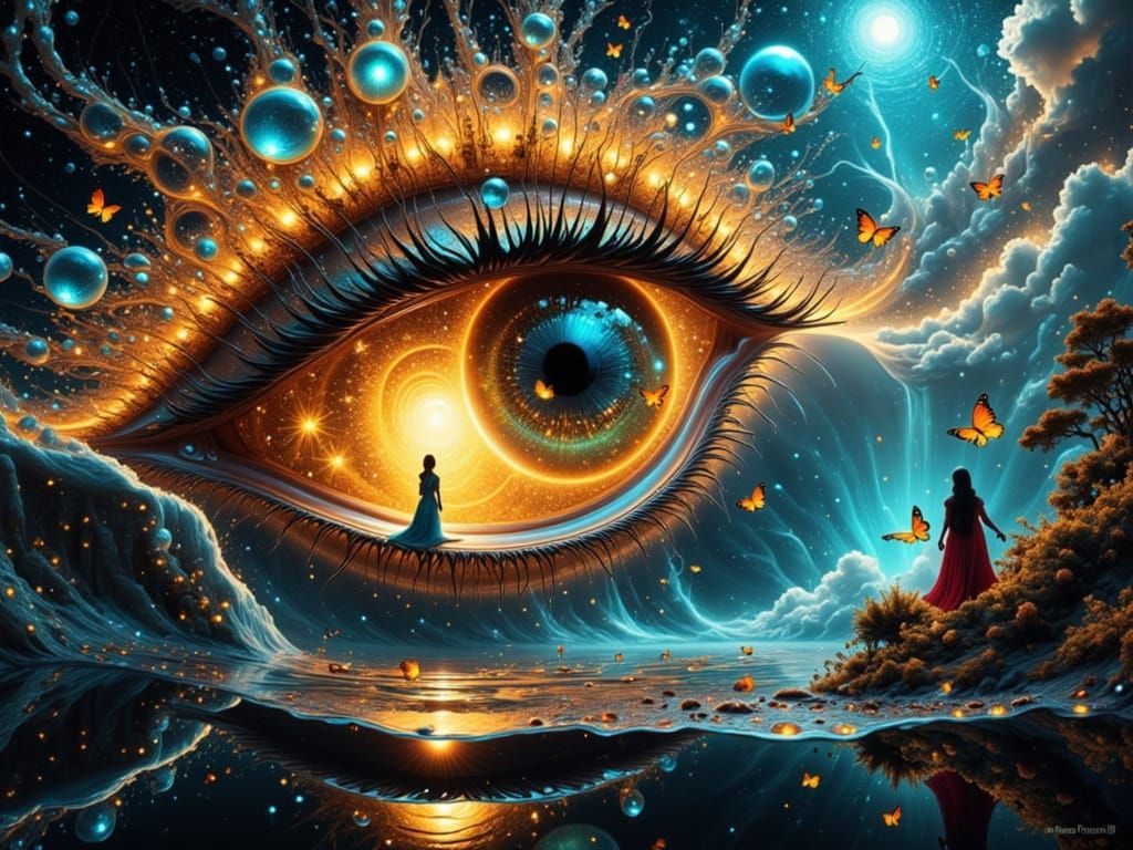 Surreal Eye in Goddess Sky with Bio Butterflies