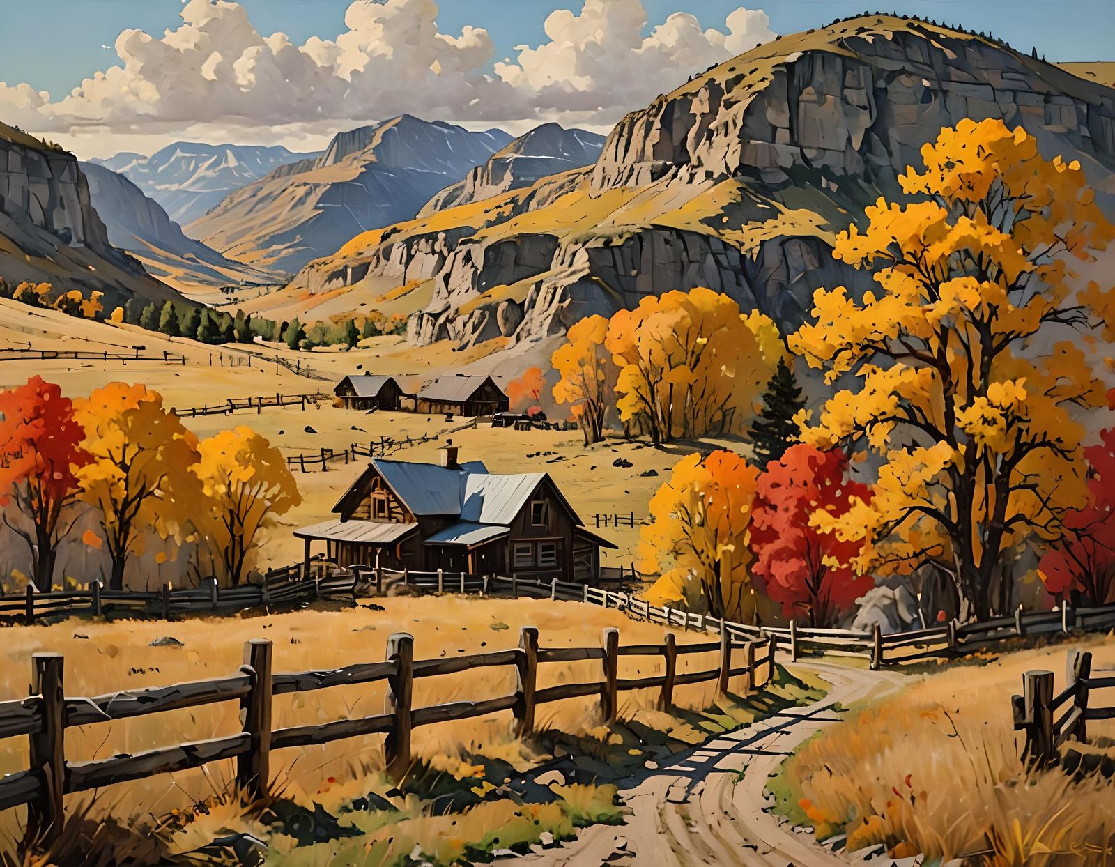 Autumn Ranch in North Dakota as Oil Painting