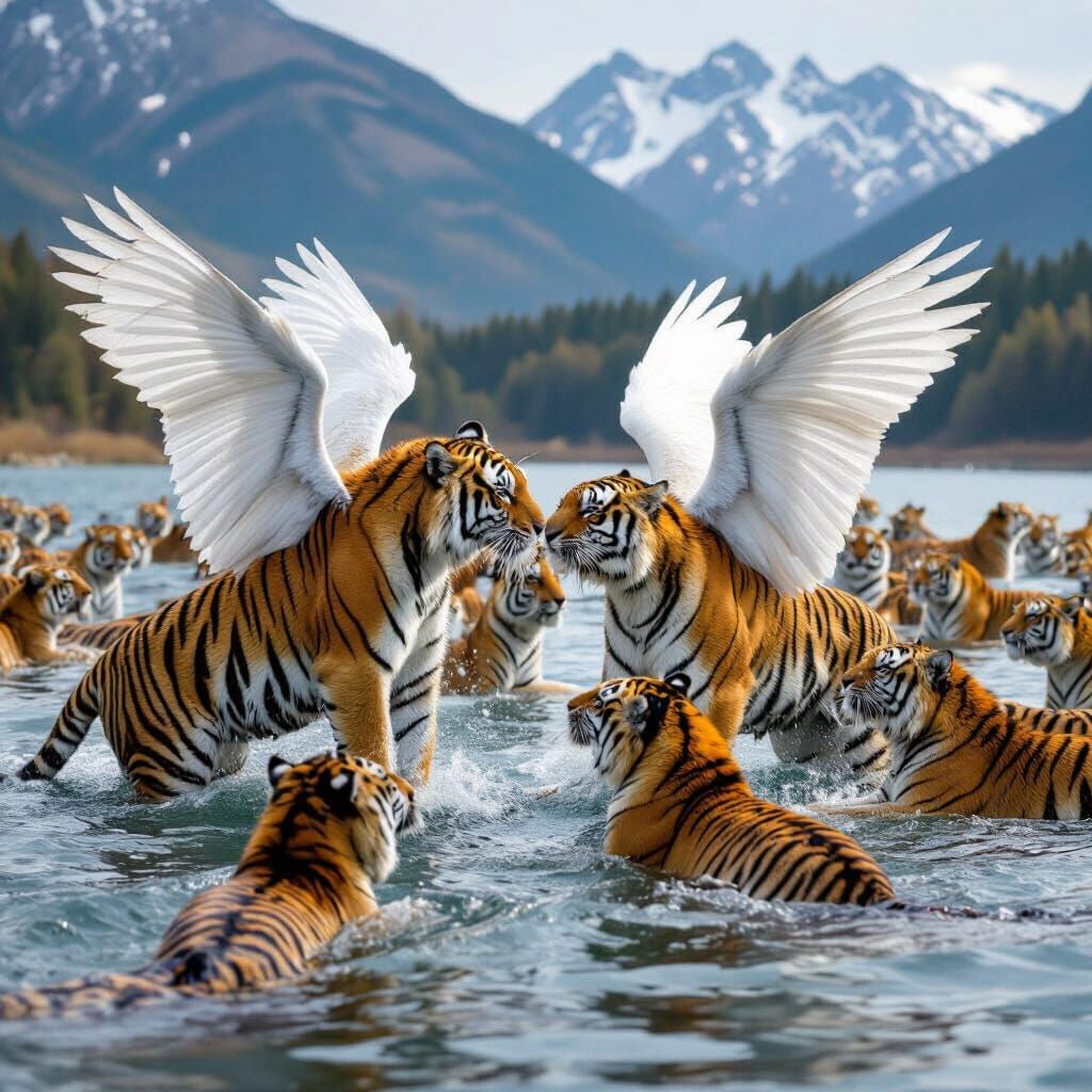 Winged Tigers Gather at Icy Lake