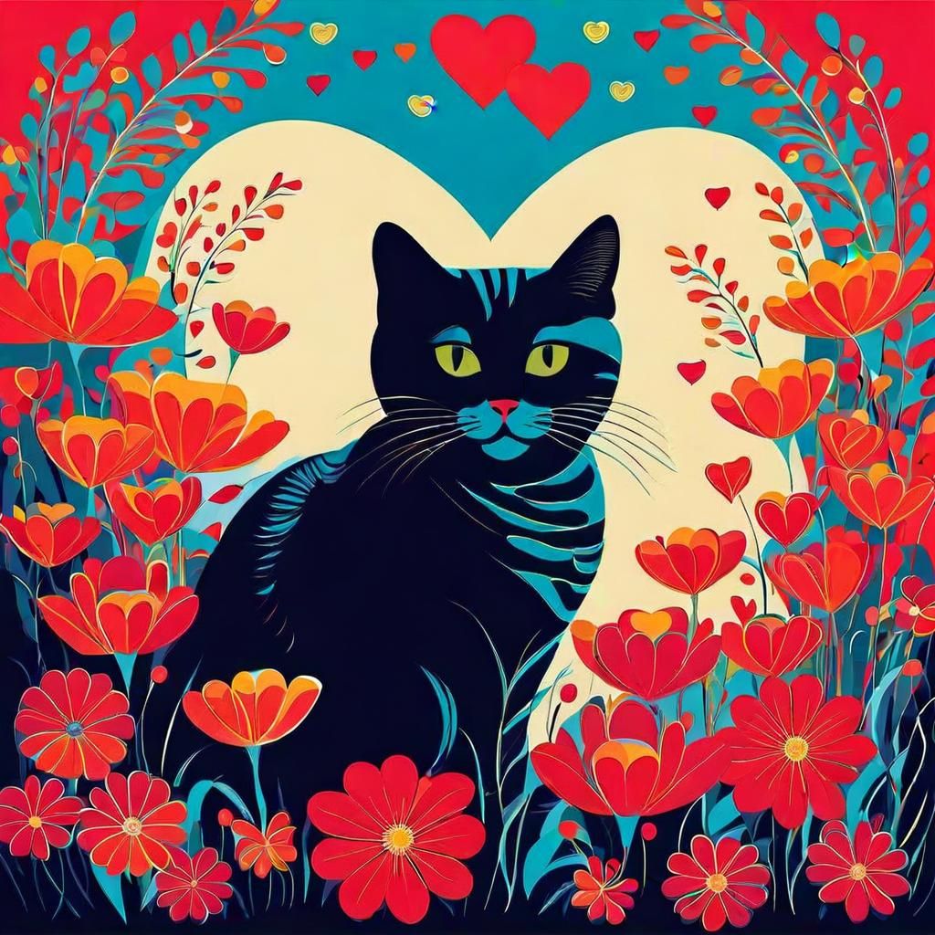 Cute Cat with Flowers in Storybook Animation Style