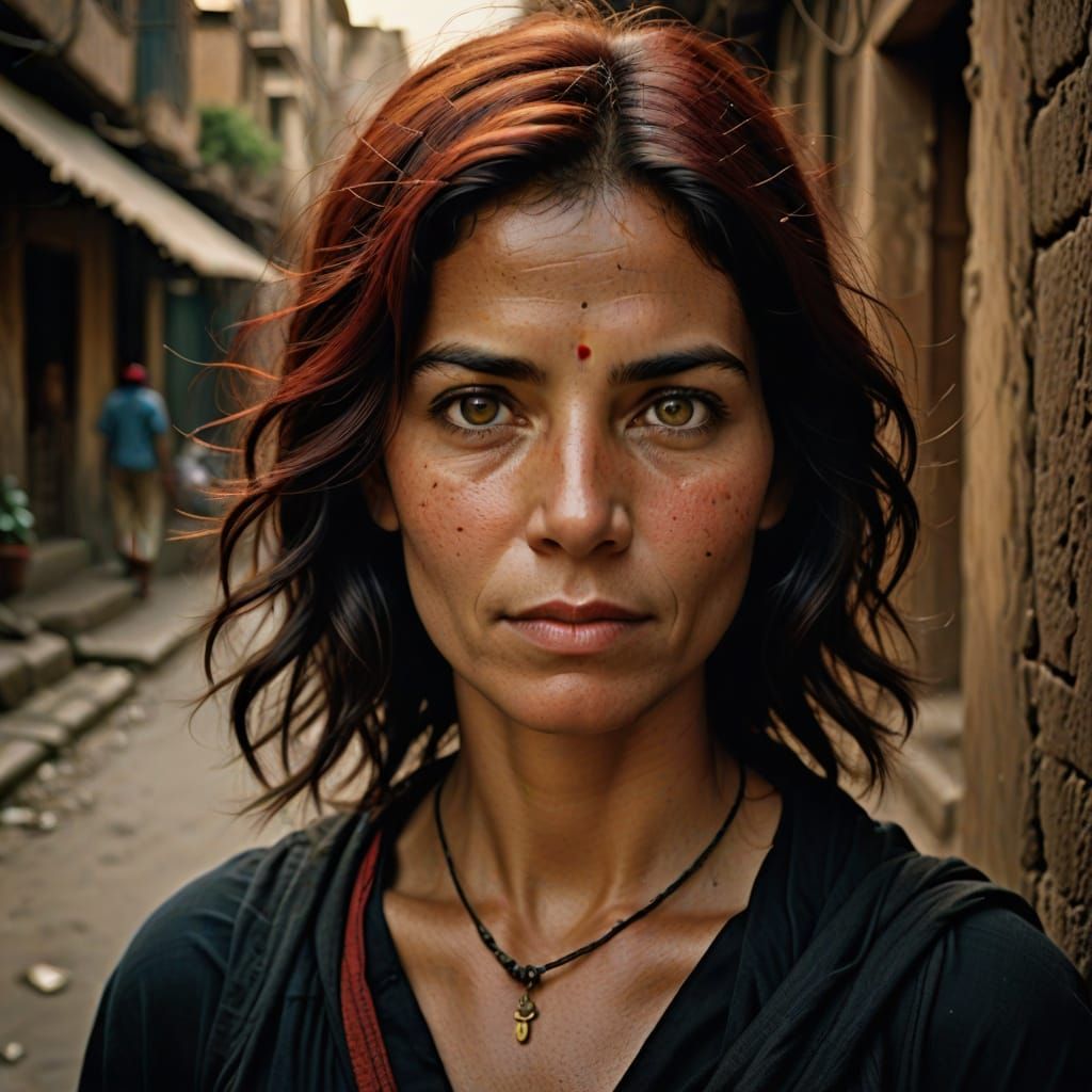 Elegant Woman in Red Black Hair, Captured in High-End Portra...