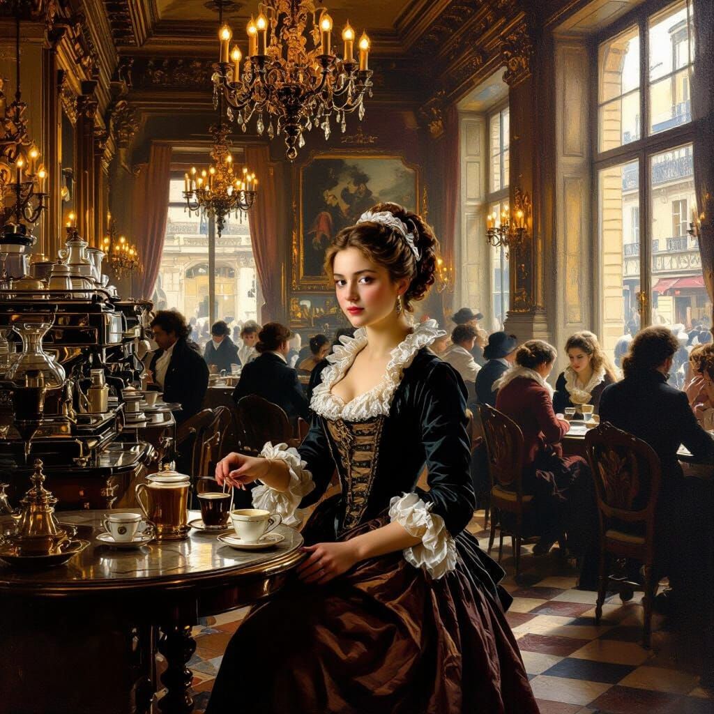 Baroque Cafe Scene: Woman Serving Coffee in 18th Century Par...