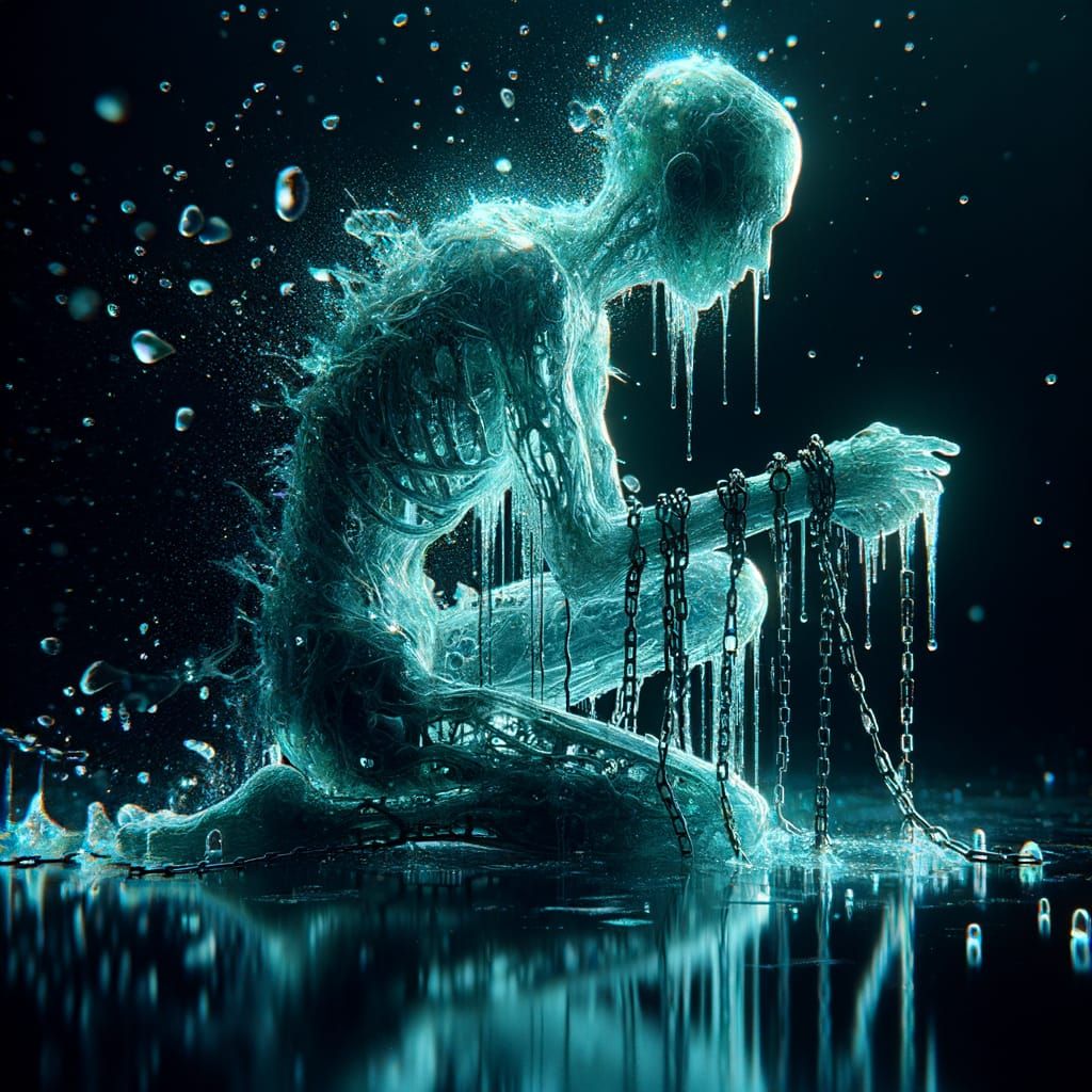 Eerie Ghost Doll Kneeling in Chains: Hyperrealistic Scene