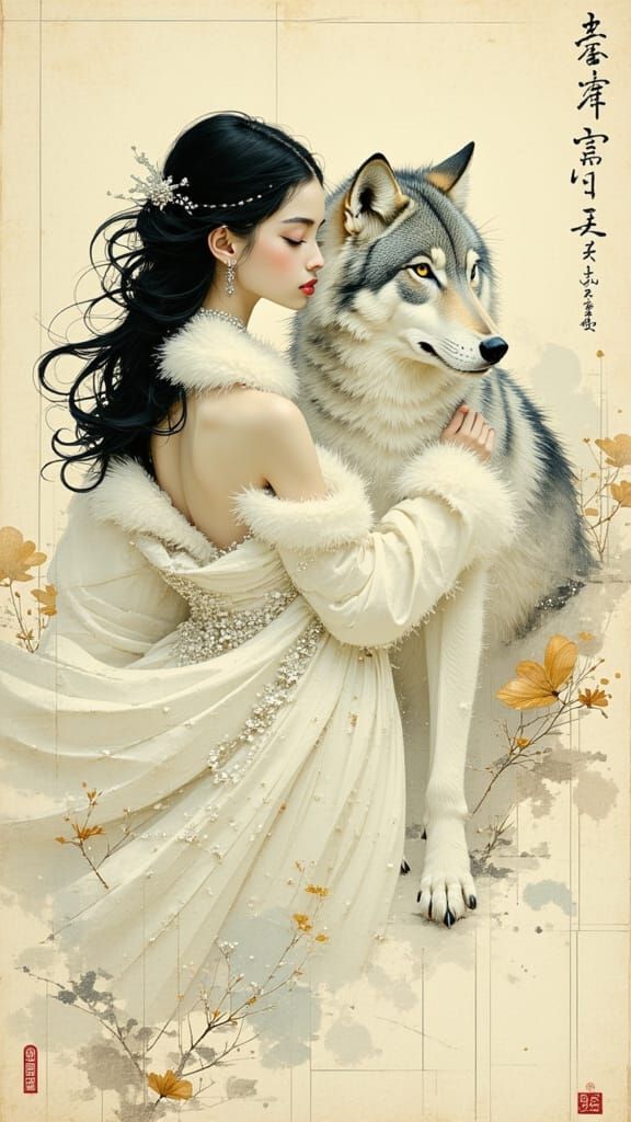 Elegant Woman and Majestic Wolf in Cubist Winter Scene