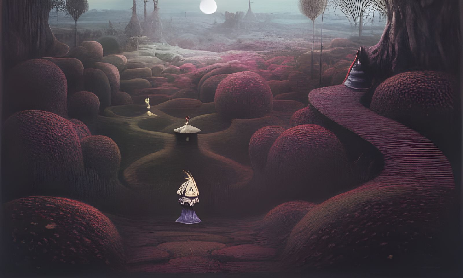 Surreal Hedge Maze Landscape in Film Noir Style