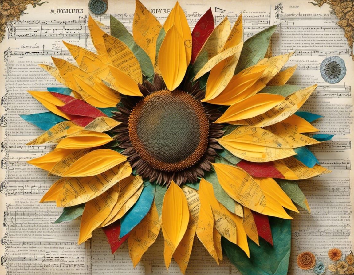 Sunflower Mixed Media Paper Collage Painting