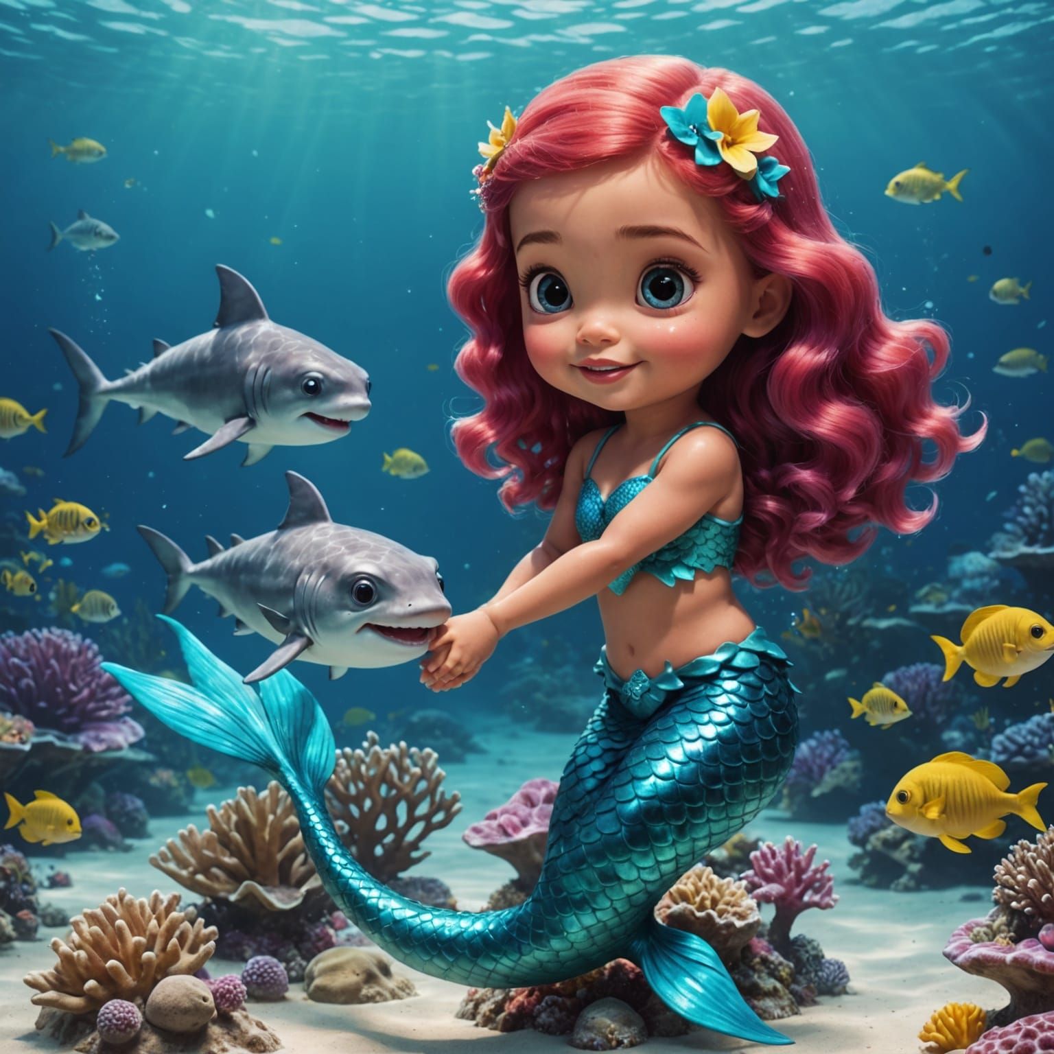 Baby Mermaid and Baby Shark in Love