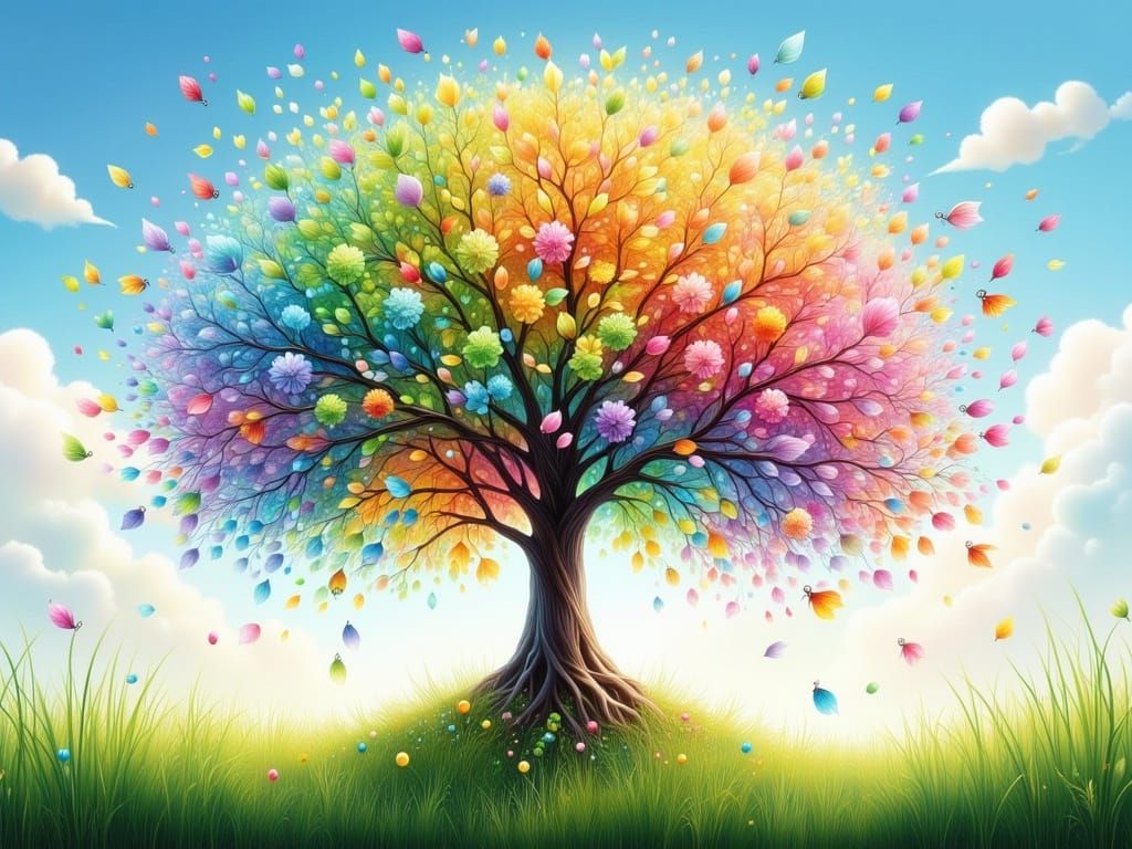 Whimsical Pastel Tree in Vibrant Sunny Meadow