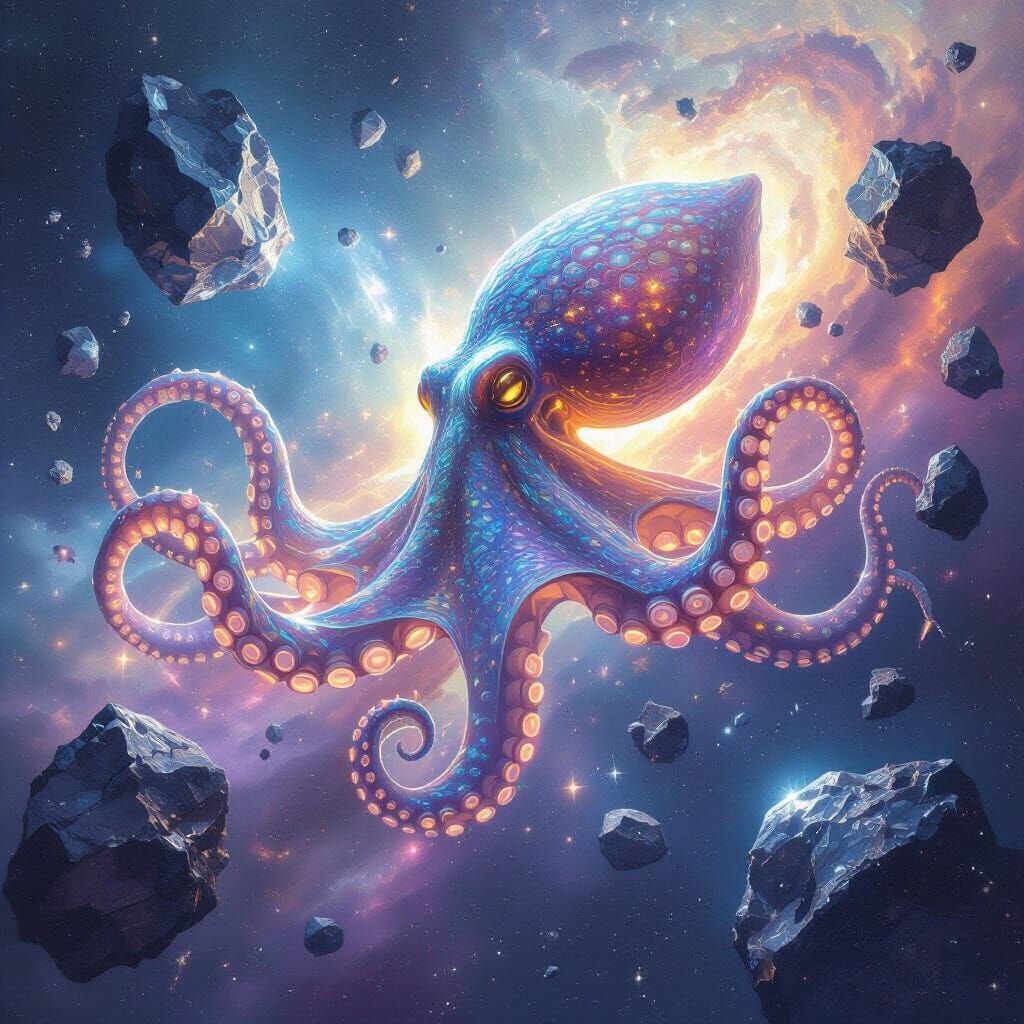 Bioluminescent Octopus in Nebula Grasping Galaxies