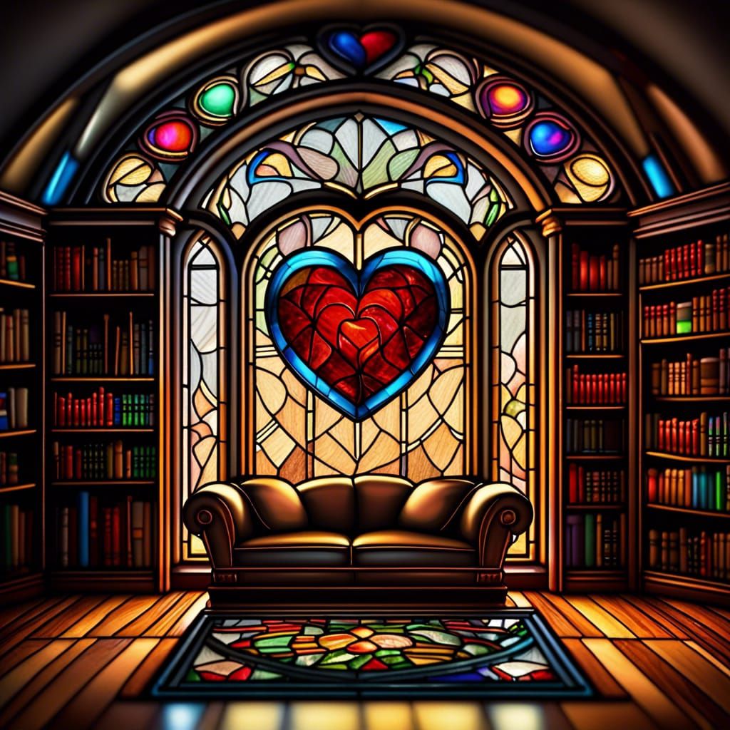 Stained Glass Heart in Library, Digital Illustration