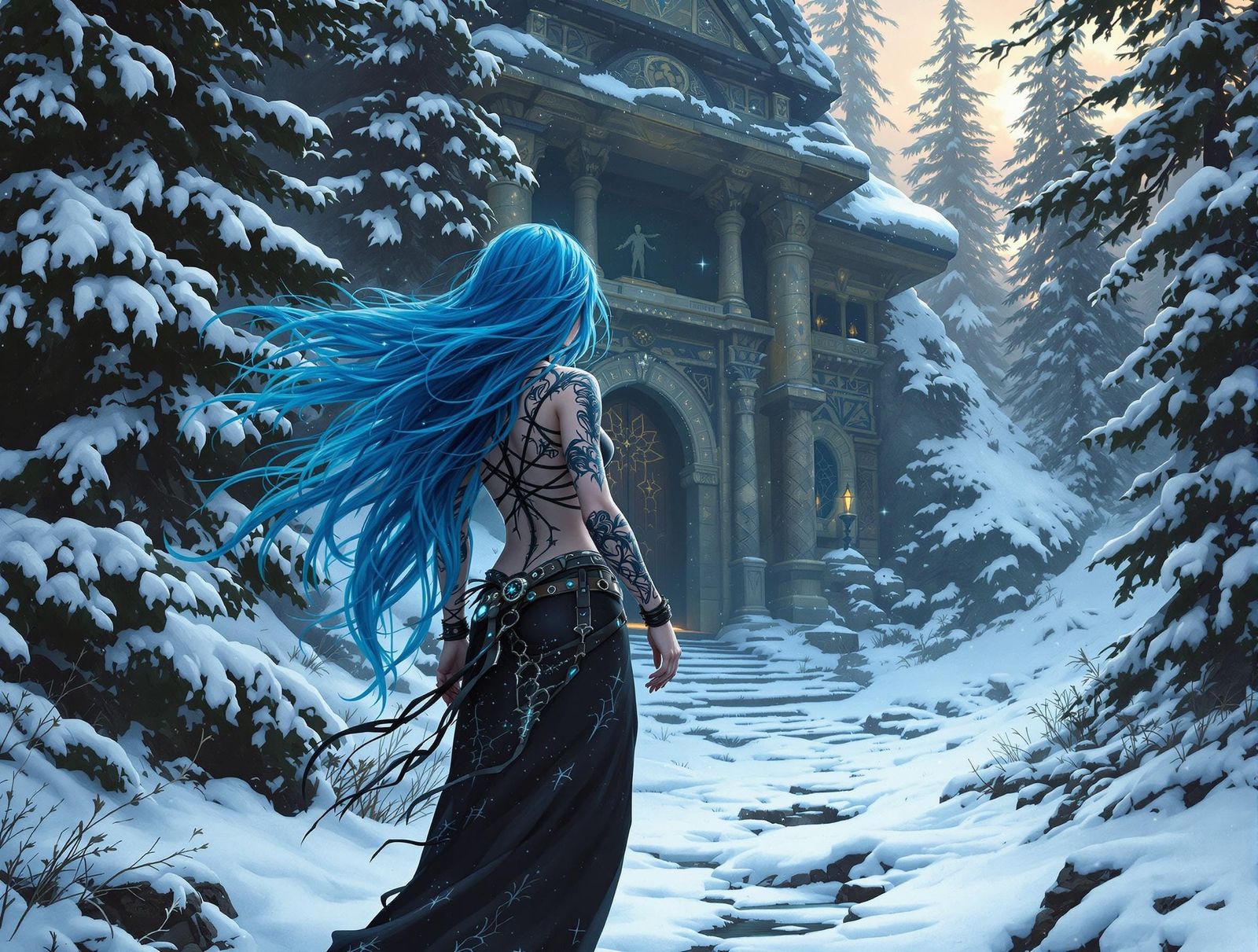 Gothic Explorer at Snowy Temple Entrance