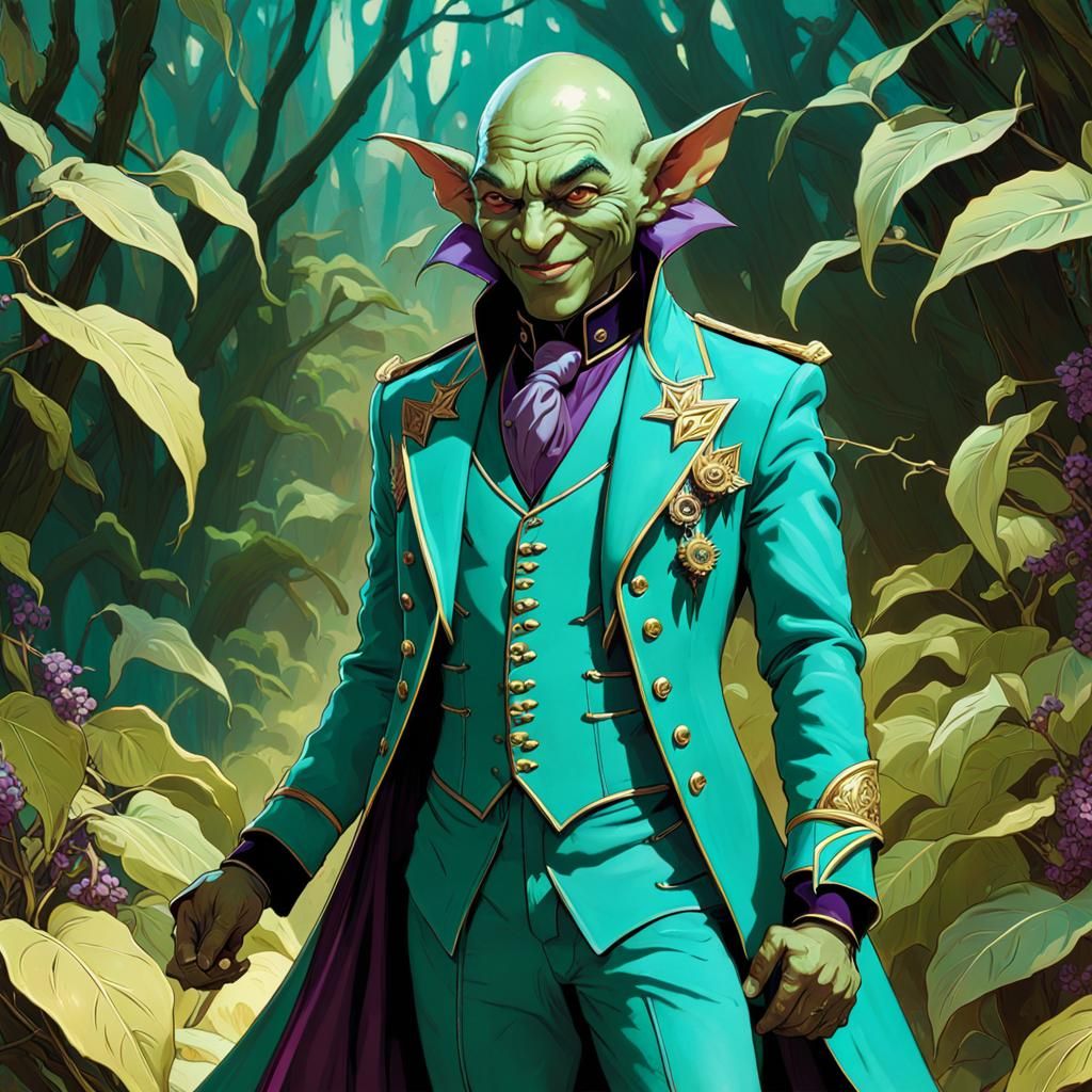 Smiling Goblin Warlock in Art Nouveau Style